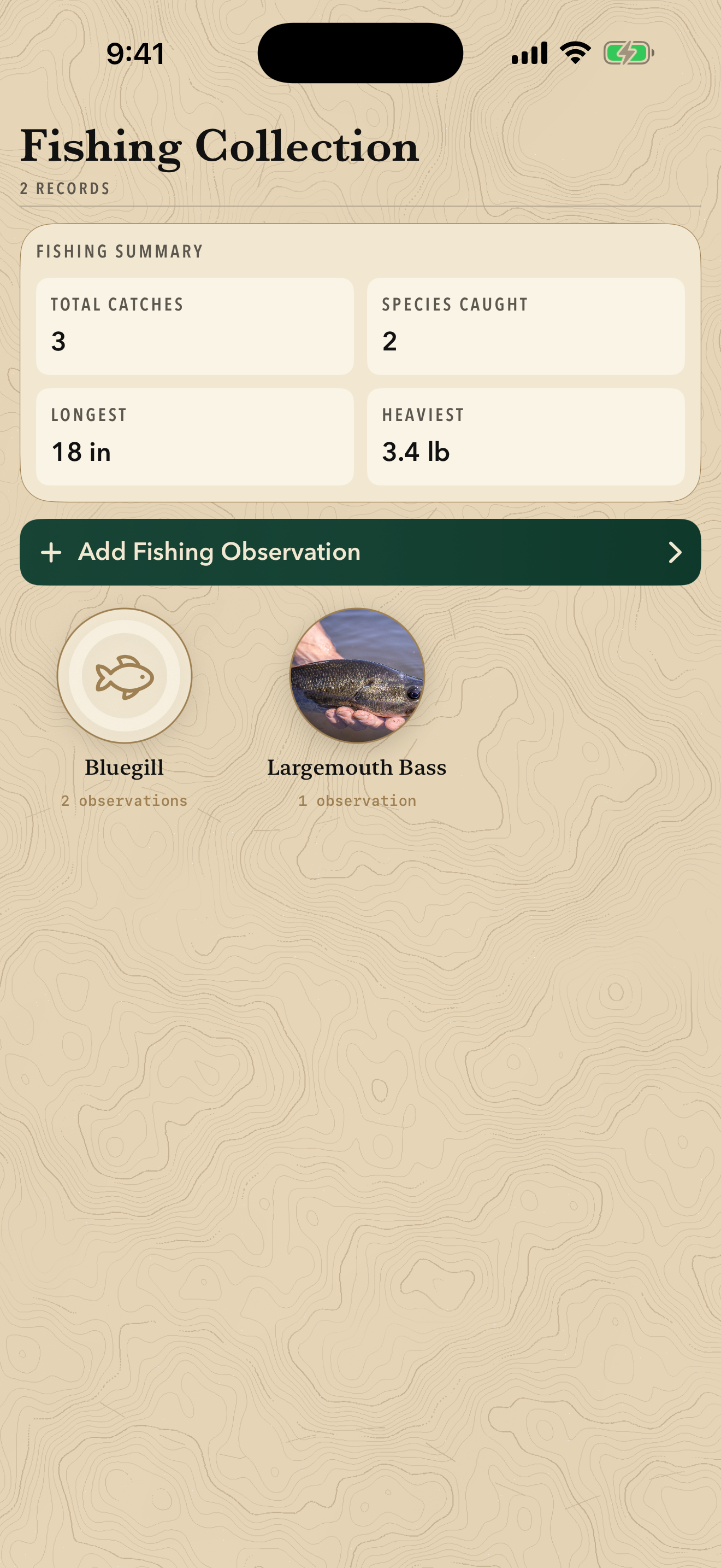 HikeFolio Fishing Collection screen showing a private catch summary and species records.