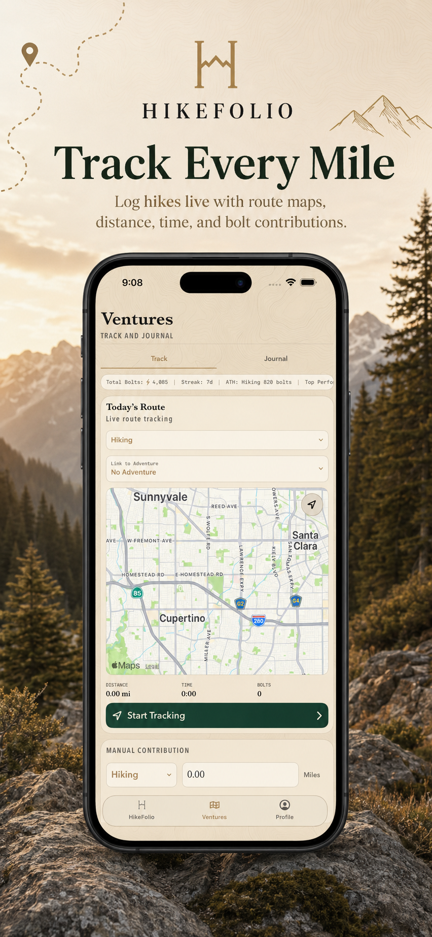 HikeFolio campaign card titled Track Every Mile, showing a live route-tracking map and activity controls.