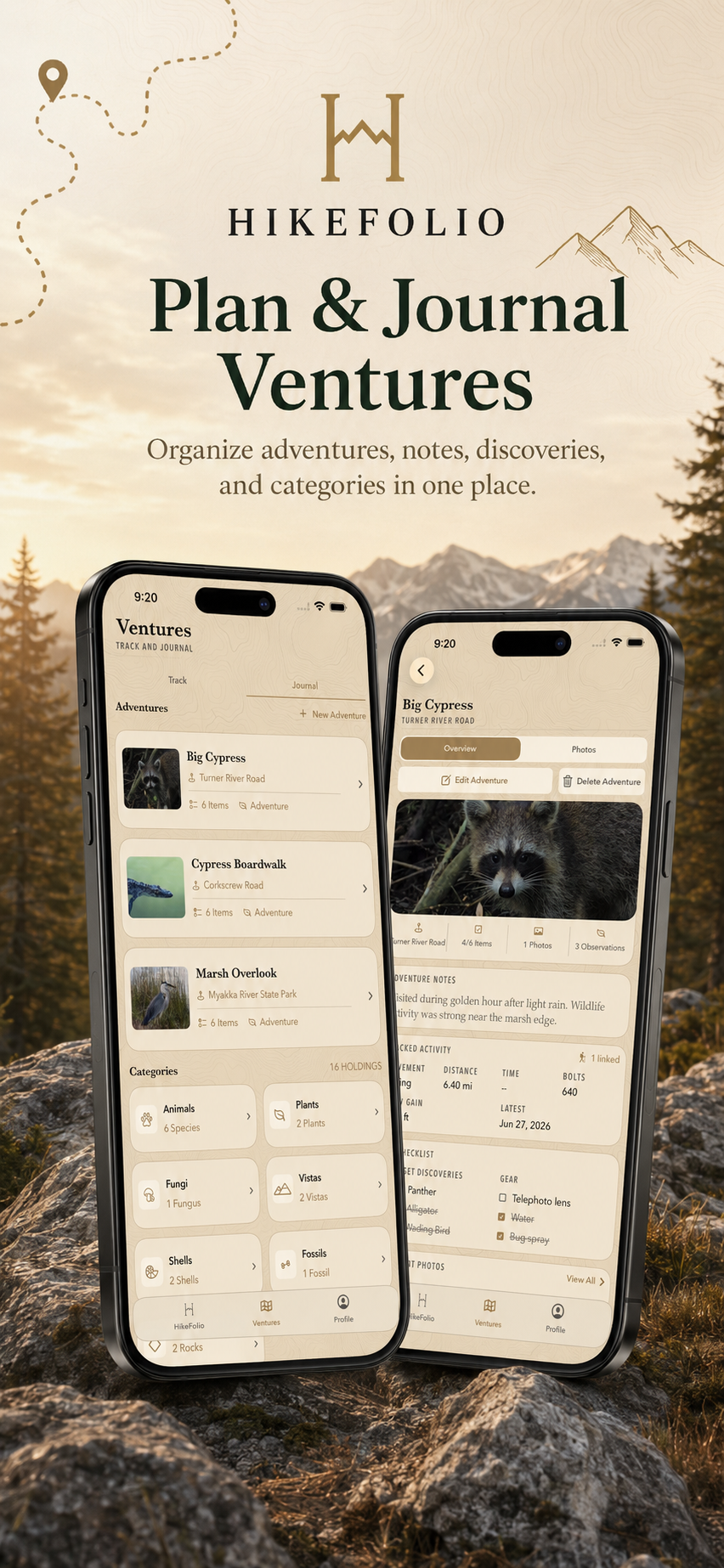 HikeFolio campaign card titled Plan and Journal Ventures, showing Adventure lists and an Adventure detail record.