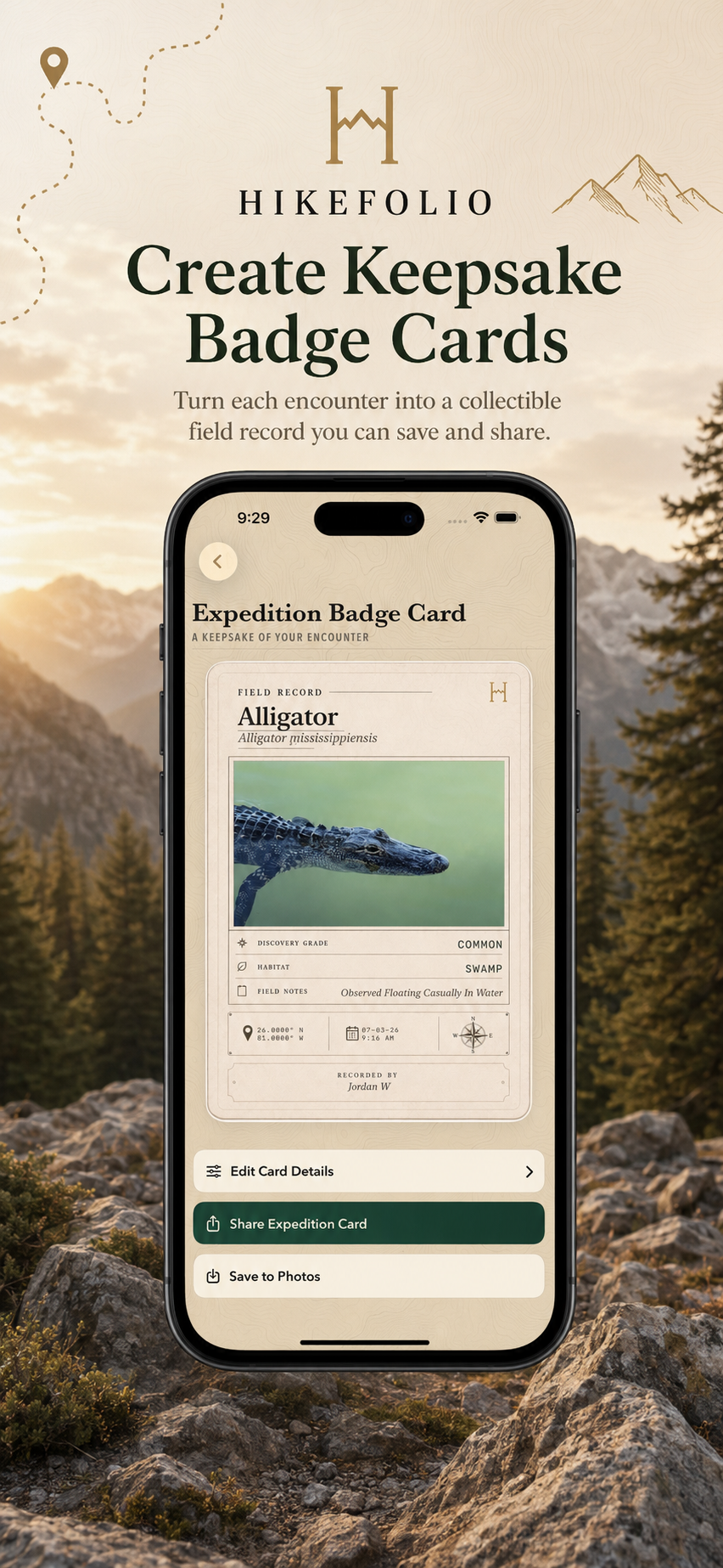 HikeFolio campaign card titled Create Keepsake Badge Cards, showing an Expedition Badge Card ready to save or share.