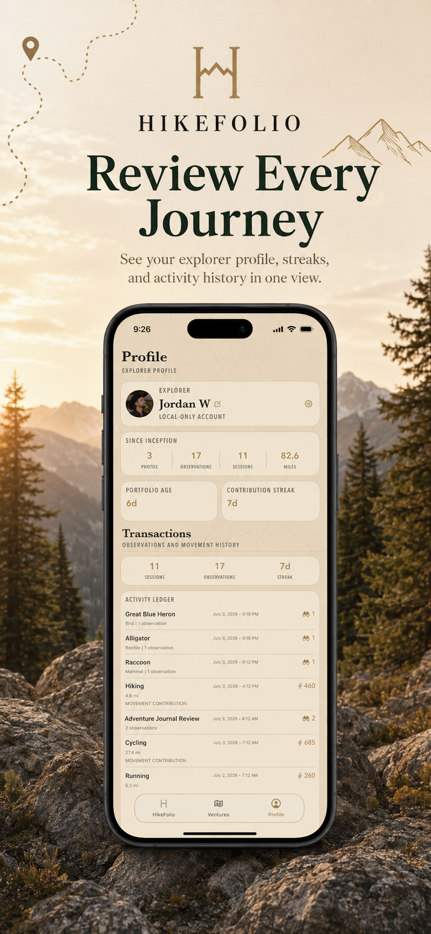 HikeFolio campaign card titled Review Every Journey, showing the private explorer profile and activity history.